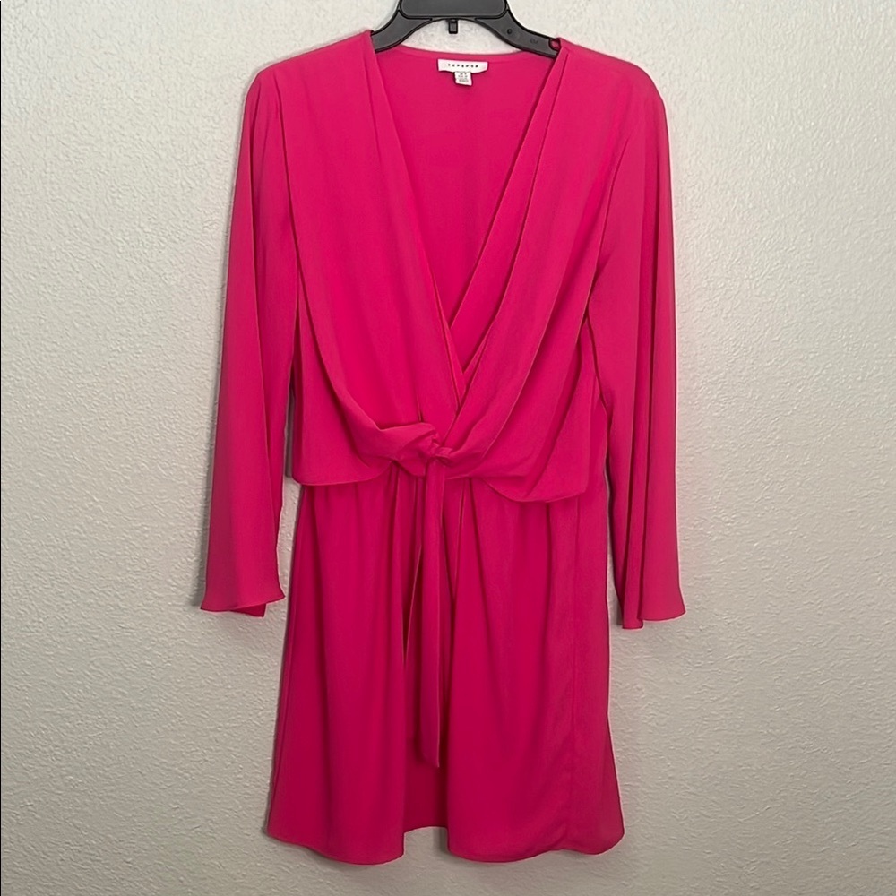 Topshop VNeck Blouson Dress Hot Pink Size 10